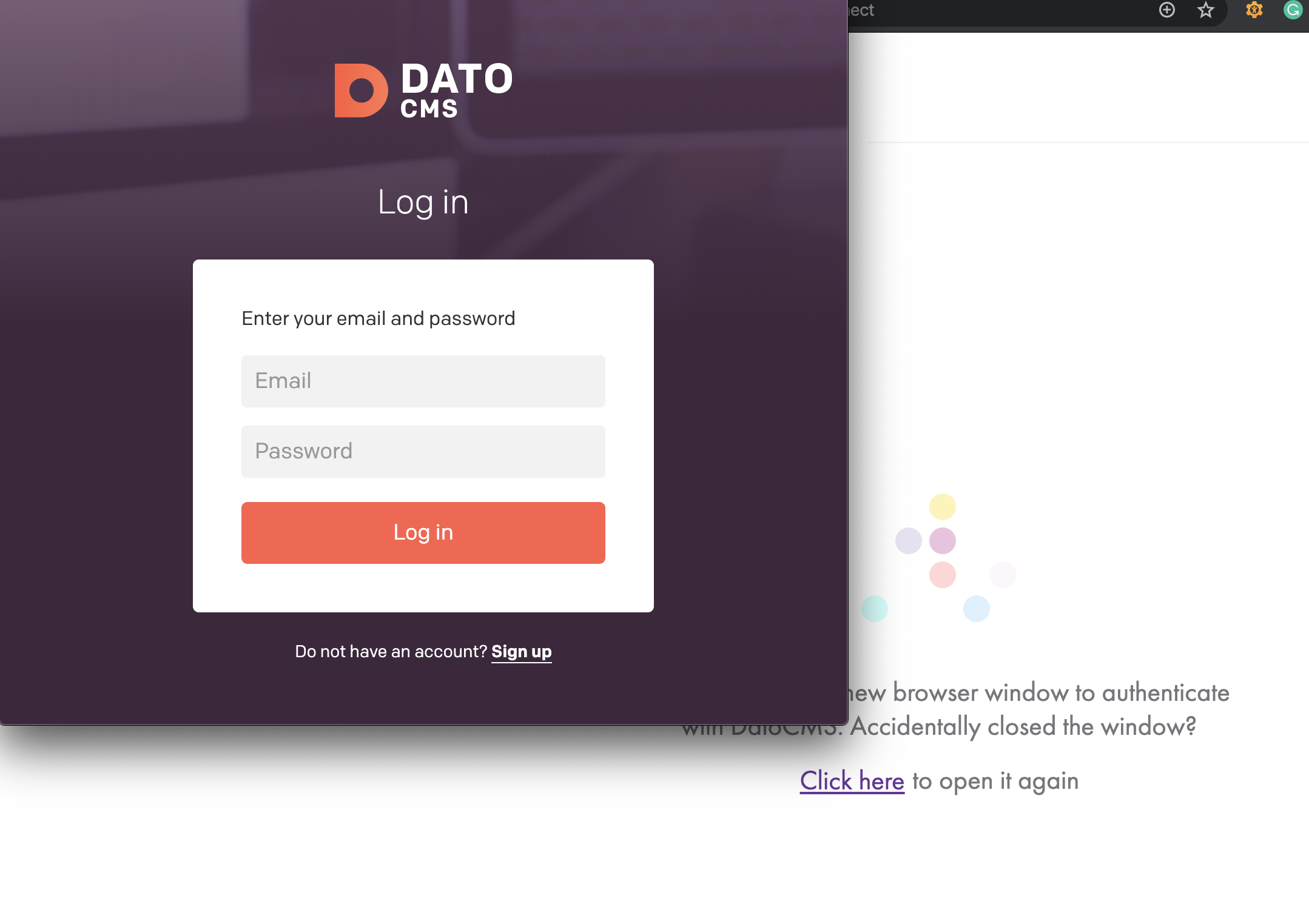 Log into DatoCMS overlaid on top of the Gatsby UI