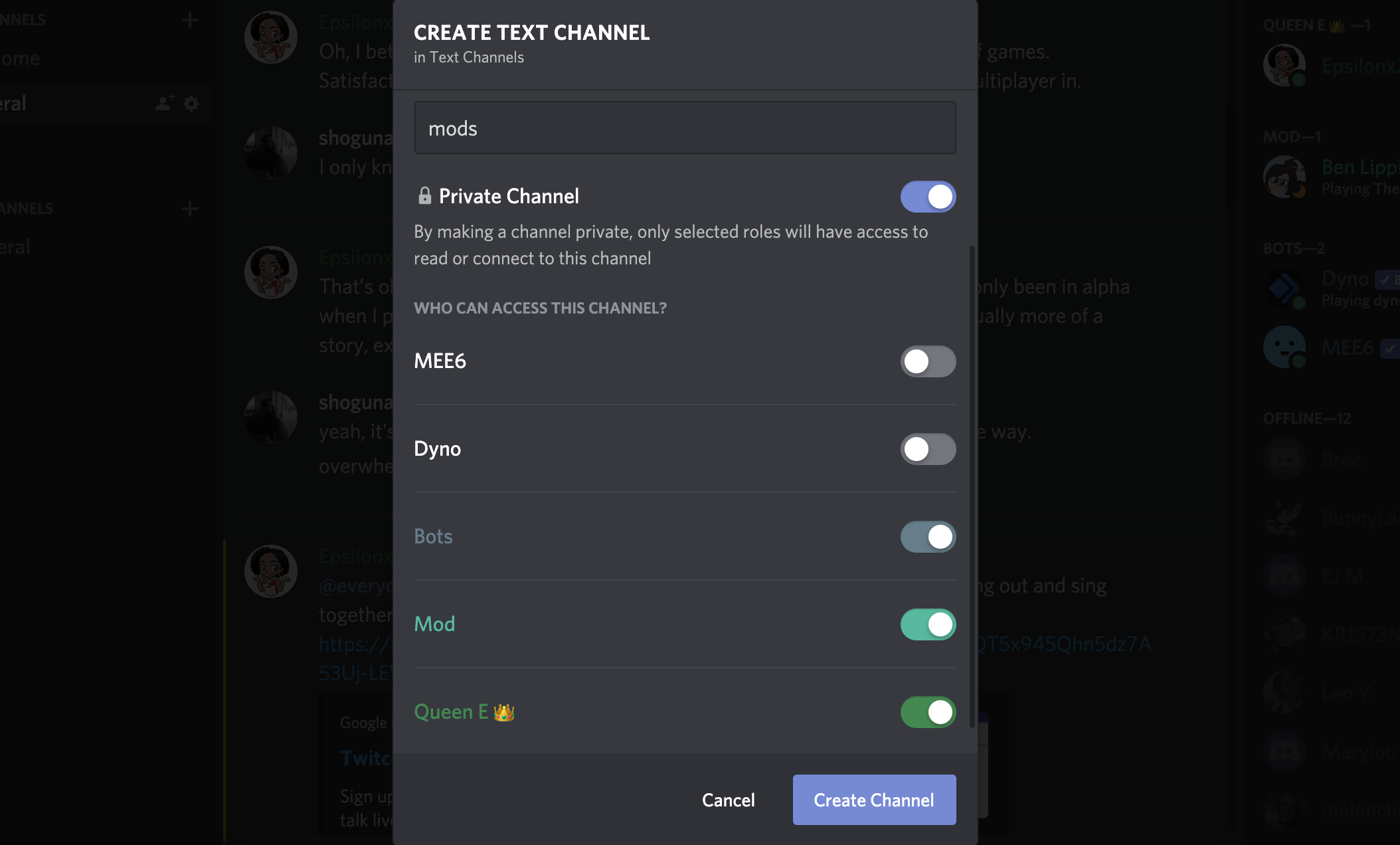 Discord create text channel popup