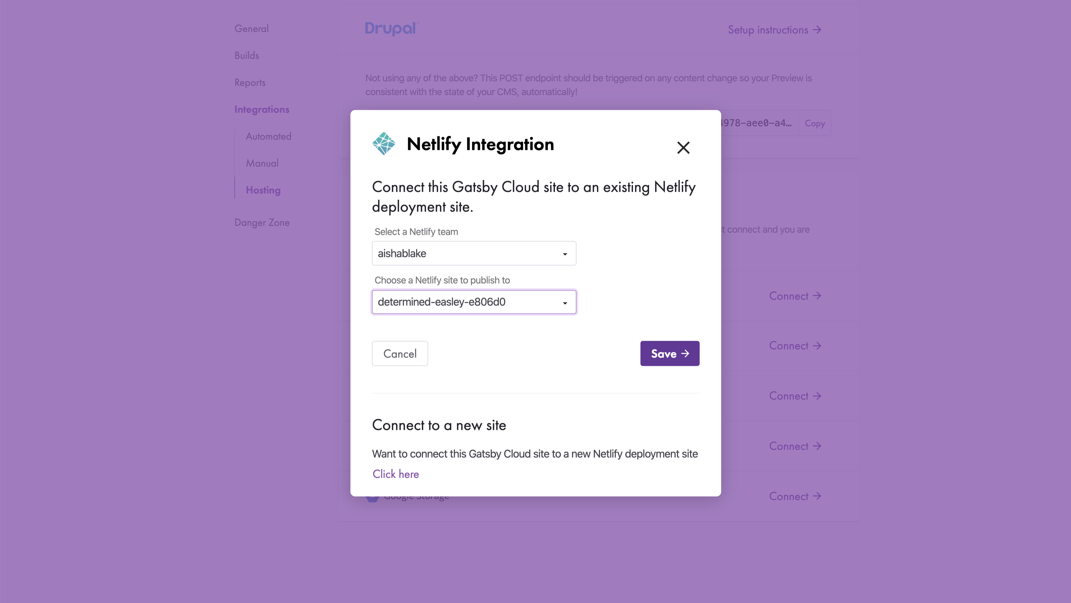 Netlify integration overlay prompts the user to choose a team and a site