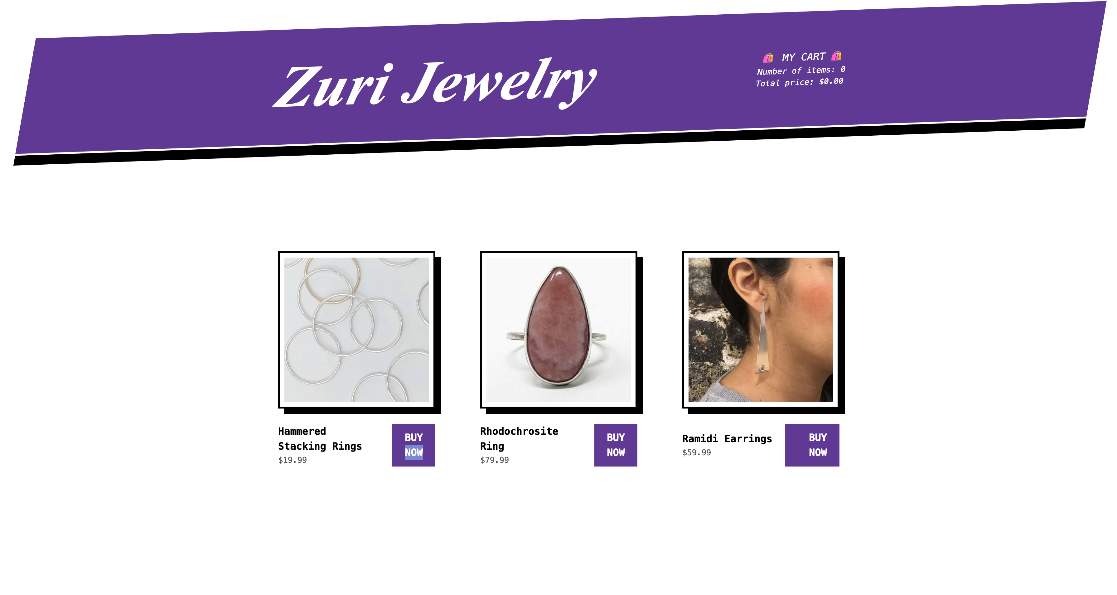 The sample site, now with a plain white background, jewelry products, and a plain white title reading Zuri Jewelry